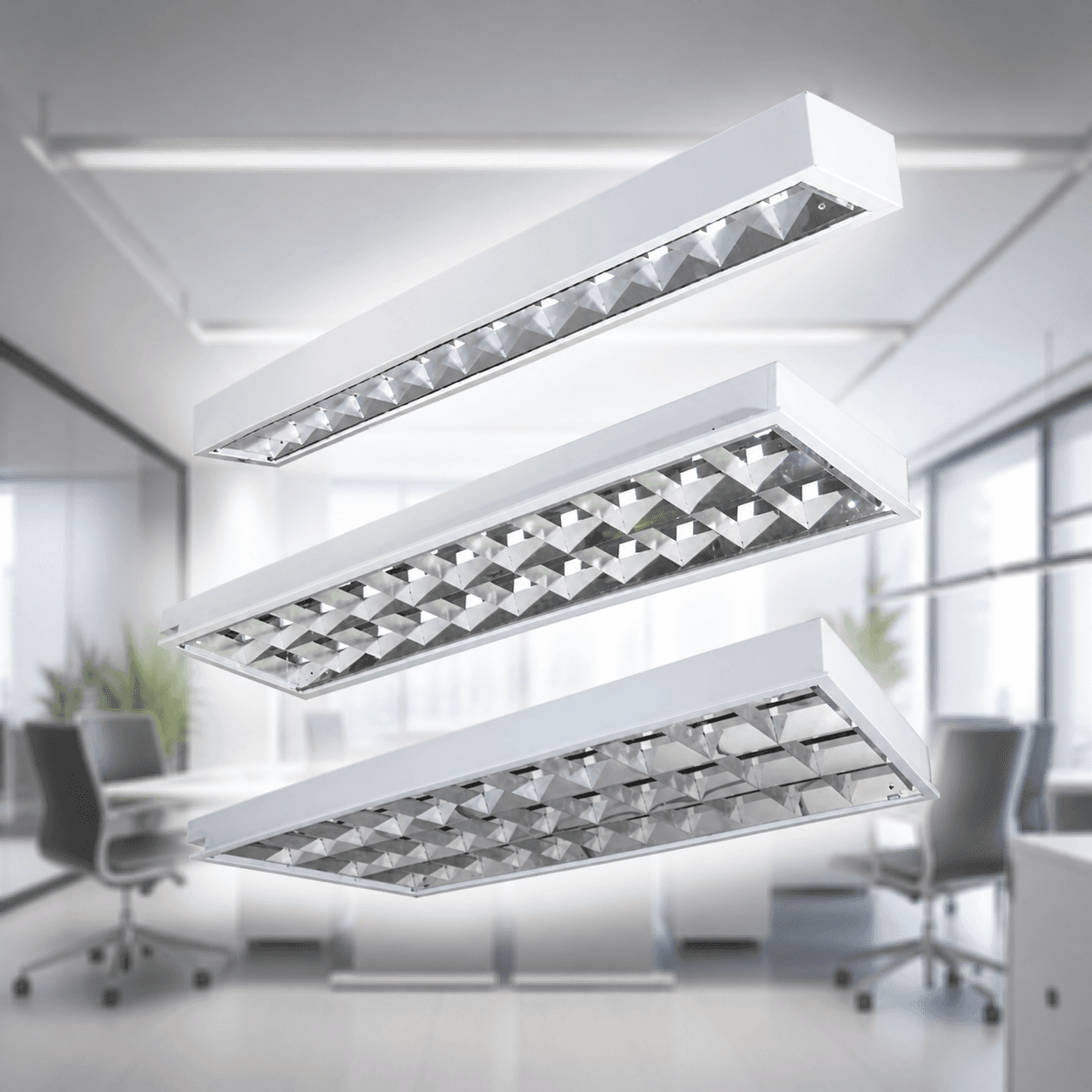 โคมไฟตะแกรงอลูมิเนียม D&D Series รุ่น SC310D ติดลอย และ SC315 ฝังฝ้า รองรับหลอด T8 LED แผ่นสะท้อนแสงเงา 99.85% สำหรับสำนักงานและอาคารพาณิชย์