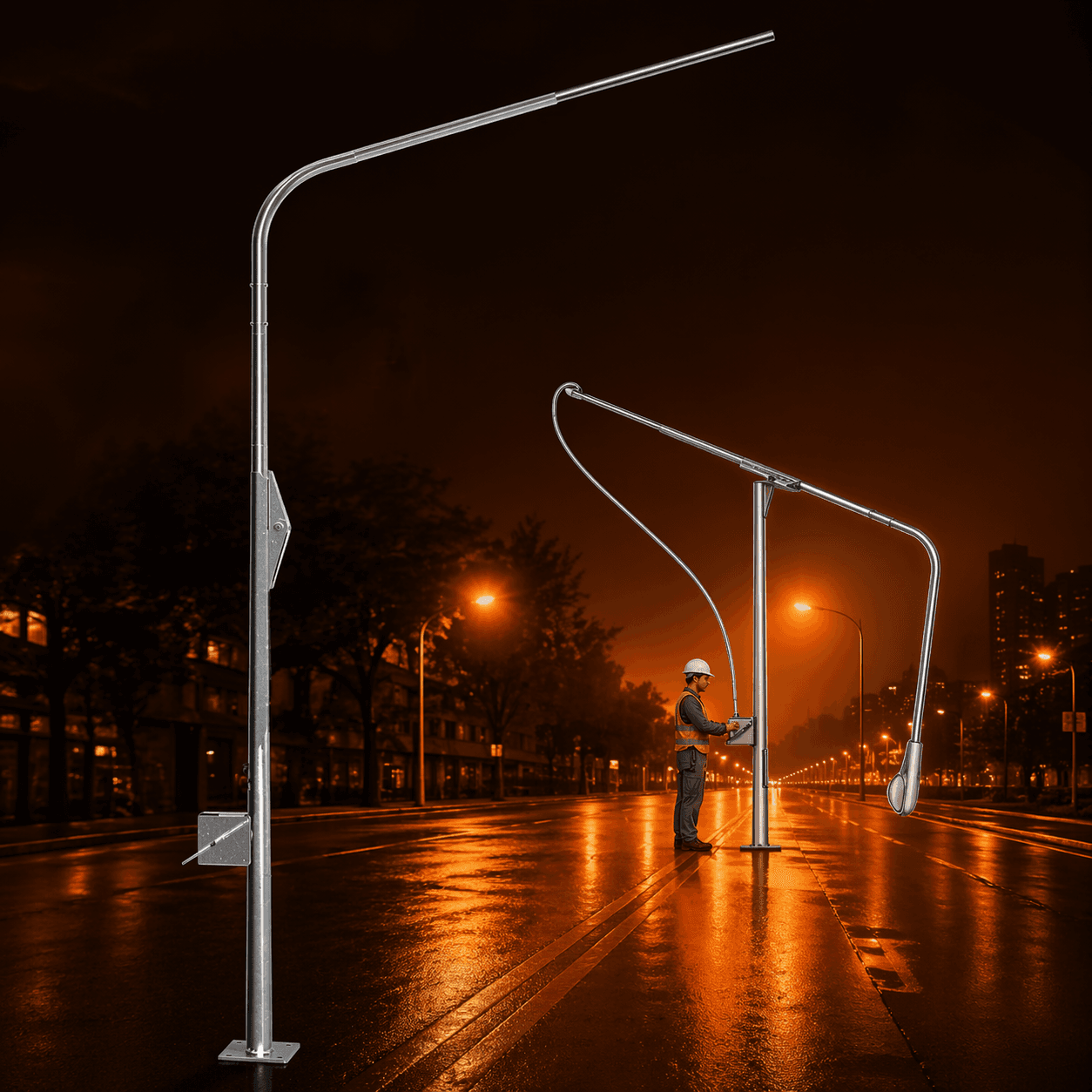 เสาไฟถนนแบบโน้มก้มได้ SC71 ดีไซน์กิ่งเดี่ยวพร้อมระบบรอกสลิงเพื่อการซ่อมบำรุงบนพื้นดิน ชุบกัลวาไนซ์กันสนิม มาตรฐาน ASTM A123 เหมาะสำหรับทางเท้าและสวนสาธารณะ