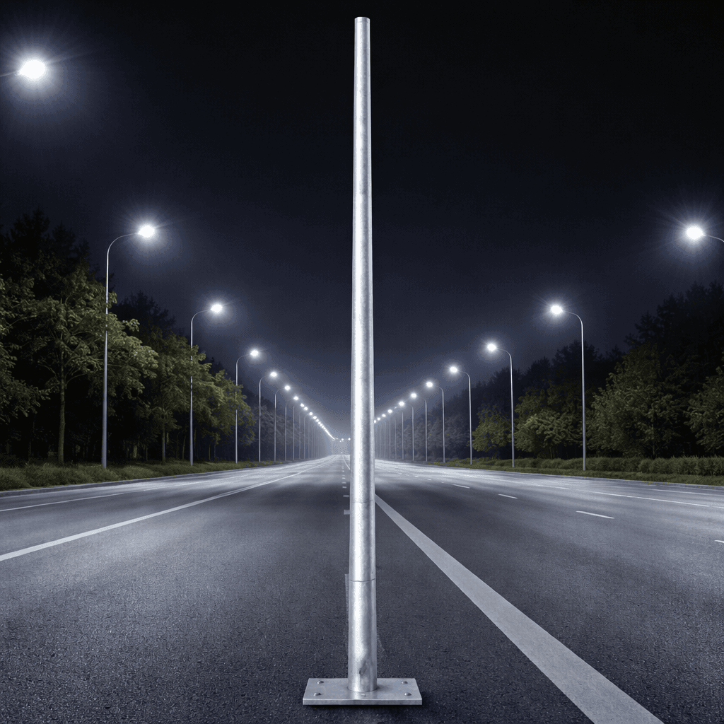 เสาไฟถนนแบบเรียว SC60 (Triumph) มาตรฐาน มอก. 2316-2549 ชุบกัลวาไนซ์กันสนิมอย่างหนา มวลสังกะสี 500 g/sqm สำหรับโครงการส่องสว่างถนนและลานจอดรถ ความสูง 4-14 เมตร