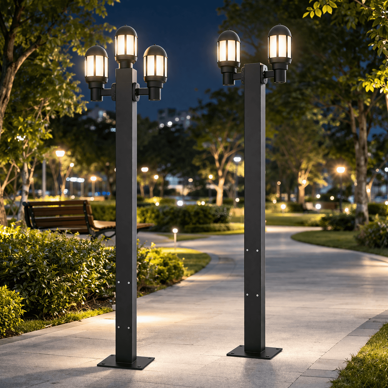 เสาไฟสนาม SC6256 Bavaria เสาเหลี่ยมดีไซน์โมเดิร์นพร้อมหัวโคม 3 ดวง วัสดุอลูมิเนียมฉีดขึ้นรูปและอะคริลิค สำหรับตกแต่งสวนและพื้นที่ภายนอก