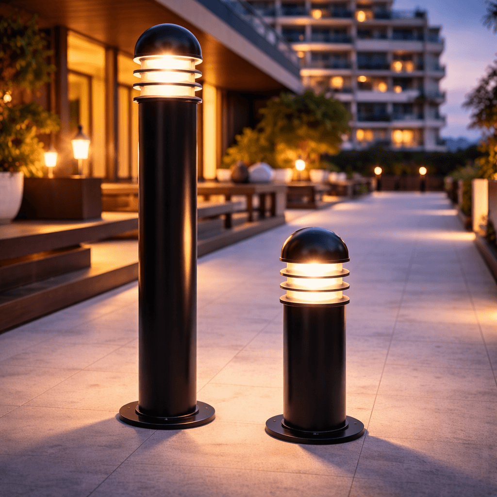 โคมไฟสนาม SC631 Bollard Louver Round Top ดีไซน์บานเกล็ดหัวกลม วัสดุอลูมิเนียมและเหล็กสำหรับตกแต่งสวนภายนอก