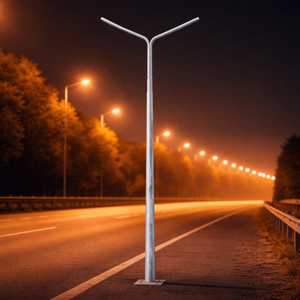 เสาไฟถนนกิ่งคู่รุ่น SC52T (Triumph) ดีไซน์เสาแบบเรียว วัสดุเหล็กชุบกัลวาไนซ์กันสนิม มาตรฐาน ASTM A123 เหมาะสำหรับงานส่องสว่างถนนสาธารณะและลานจอดรถ ความสูง 4-14 เมตร