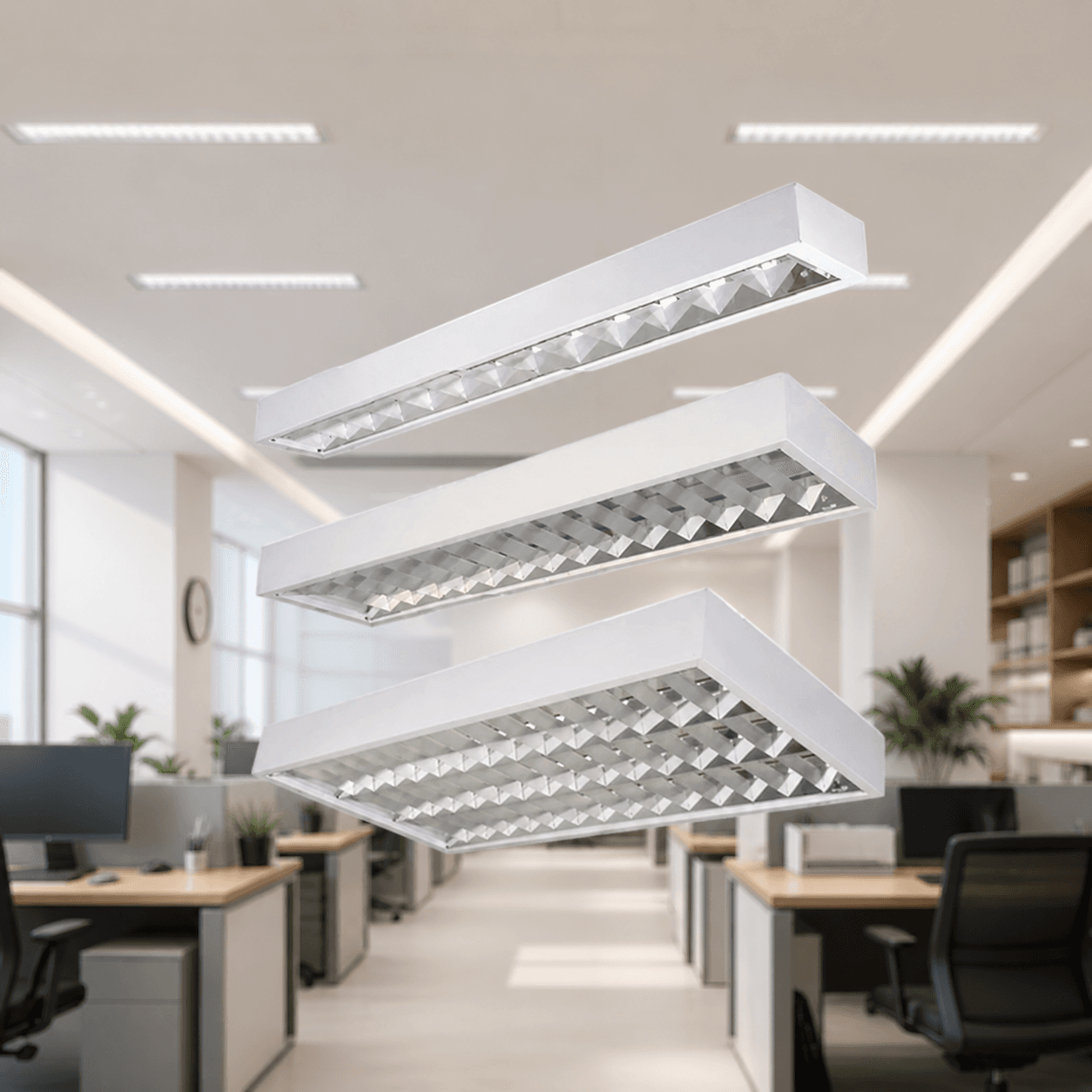 โคมไฟตะแกรงอลูมิเนียมแบบติดลอย รุ่น SC310 รองรับหลอด T8 และ LED ตัวโคมเหล็กเคลือบสีฝุ่น แผ่นสะท้อนแสงเงา 99.85% สำหรับสำนักงานและที่พักอาศัย