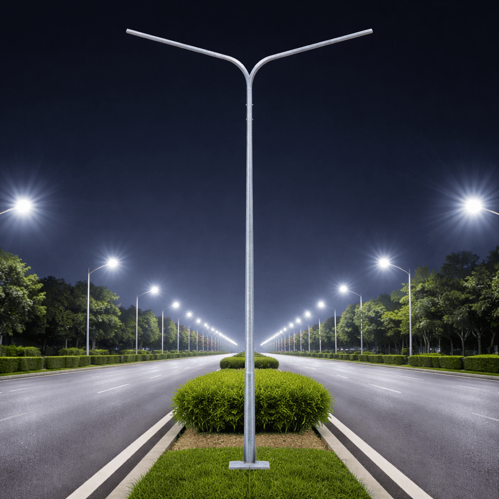 เสาไฟถนนกิ่งคู่รุ่น SC62 มาตรฐาน มอก. 2316-2549 ชุบกัลวาไนซ์กันสนิมอย่างดี มวลสังกะสี 500 g/sqm เหมาะสำหรับงานทางหลวงและพื้นที่สาธารณะที่ต้องการมาตรฐานสูง ความสูง 4-14 เมตร