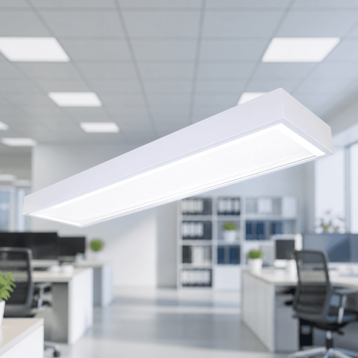 โคมไฟเพดานหน้าอะคริลิคติดลอย รุ่น SC320 PRISMATIC TOP รองรับหลอด T8 LED โครงสร้างเหล็กเคลือบสีฝุ่น แผ่นกระจายแสงอะคริลิคผิวส้มและขาวนม สำหรับสำนักงานและที่พักอาศัย