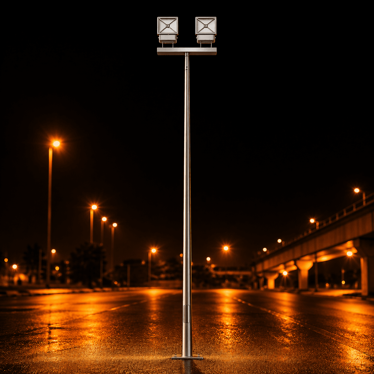 เสาไฟกิ่งตัว T รุ่น SC64 ดีไซน์เสาเรียวชุบกัลวาไนซ์ สำหรับติดตั้งโคมไฟสปอร์ตไลท์ภายนอกอาคาร ทนทานต่อสนิม มาตรฐาน ASTM A123 เลือกความสูงได้ 3-12 เมตร