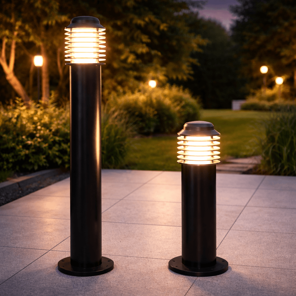 โคมไฟสนาม SC632 Bollard Louver Bowler Hat Top ดีไซน์บานเกล็ดหัวหมวก วัสดุอลูมิเนียมและเหล็กสำหรับงานสวนภายนอก