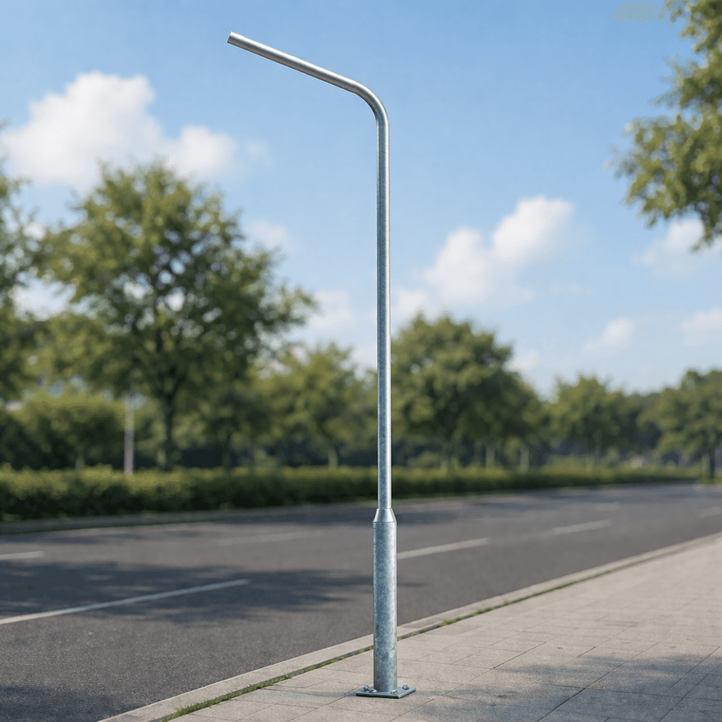 เสาไฟถนนกิ่งเดี่ยว SC41 เหล็กชุบกัลวาไนซ์กันสนิม มาตรฐาน ASTM A123 มีช่องเซอร์วิสโคนเสา ความสูงเสาสูงสุด 7 เมตร สำหรับงานไฟทางเดินและถนนโครงการ