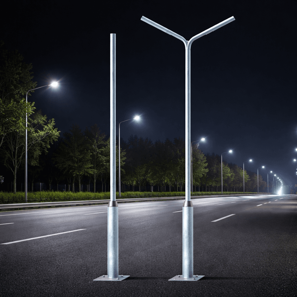 เสาไฟถนนรุ่น SC40 เสาตรง และรุ่น SC42 เสากิ่งคู่ วัสดุเหล็กชุบกัลวาไนซ์กันสนิม มาตรฐาน ASTM A123 พร้อมช่องเซอร์วิสที่โคนเสา เหมาะสำหรับงานไฟถนนและพื้นที่สาธารณะ